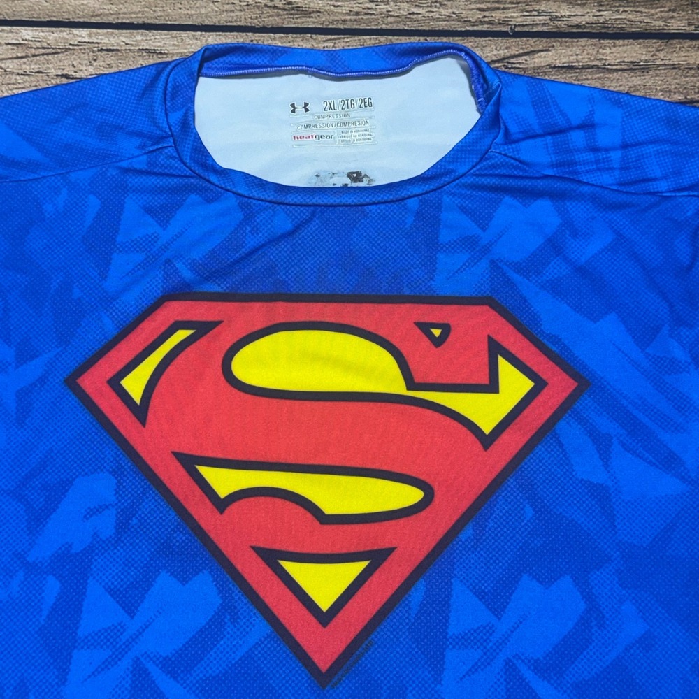 Under Armour Superman Compression Shirt Mens 2XL Blue HeatGear Athletic Tee